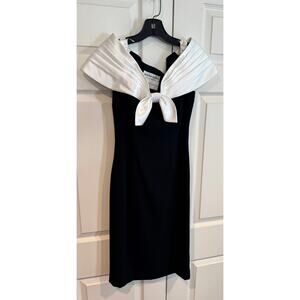 Vintage 80 Morton Myles Black Velvet White Satin Formal Sheath Dress